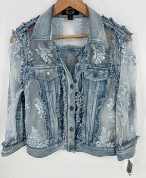 NWT New AZI New York Womens S Sheer Lace Denim Jacket Floral Embroidered Frayed
